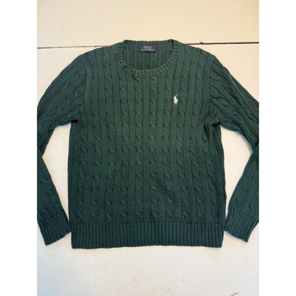 Polo Ralph Lauren Mens Green Cable Knit Cotton Crew Neck Sweater Small